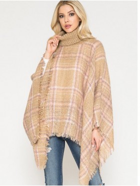 Loose Neck Poncho W/ Big Plaid